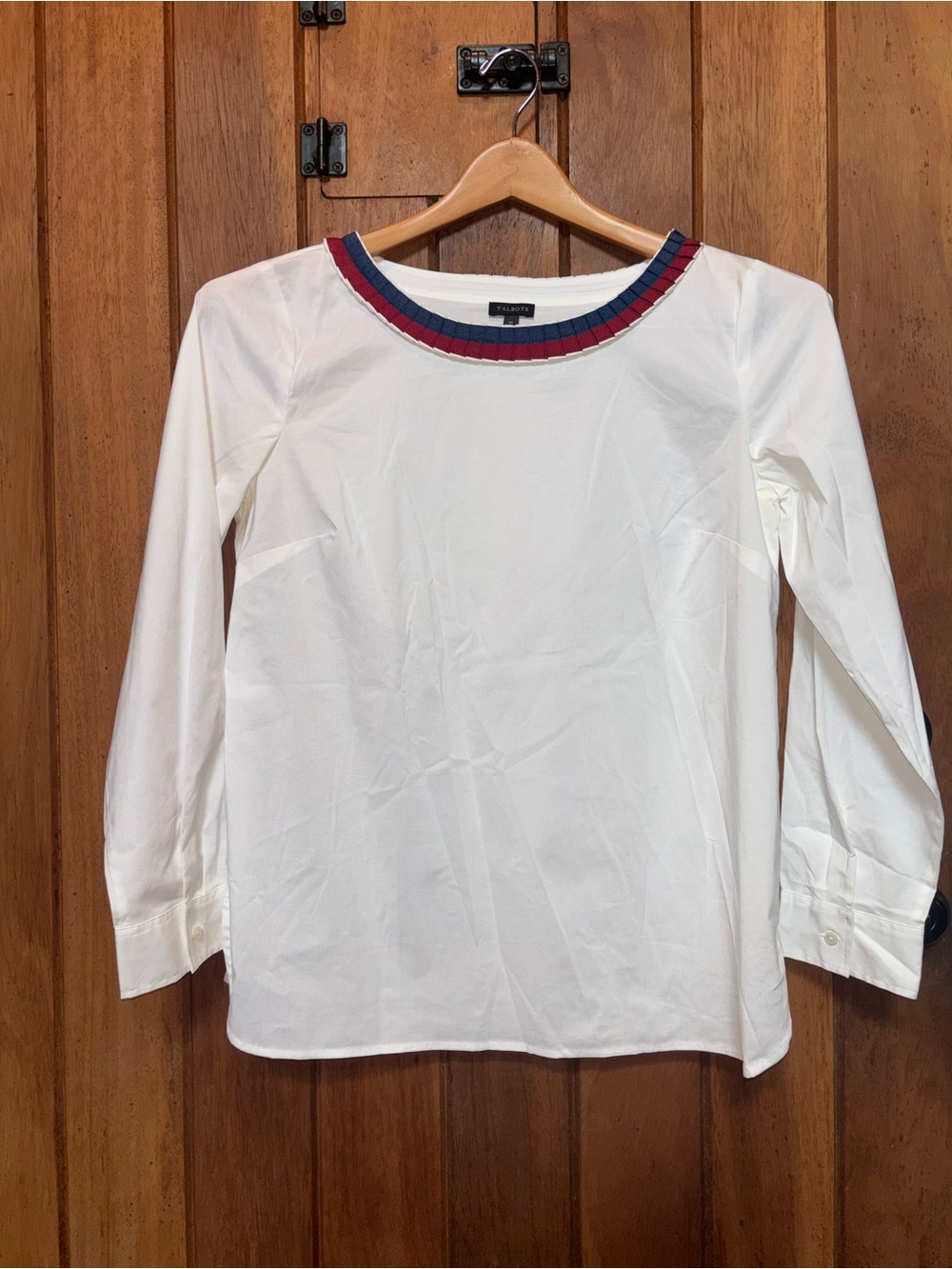Talbots Women's White Long-Sleeve Top with Navy & Red Trim